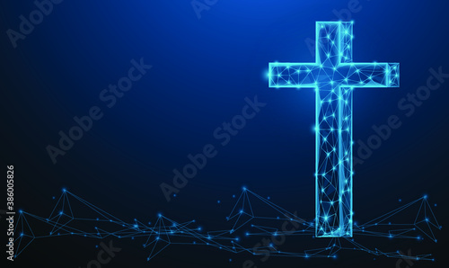 Abstract glowing blue cross. Crucifixion Of Jesus Christ. Low polygon, particle, and triangle style design.Wireframe light connection structure.concept religion, Christian worship, easter day, praying