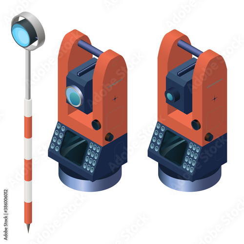 Total station theodolite and prism reflector. Geodesy in construction