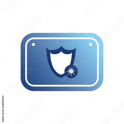 covid 19 virus with shield in road sign gradient style icon vector design
