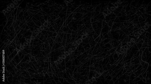 White scratches on a black background. Scuffed texture for an antiqued effect. Mechanical damage. Stock digital illustration. 