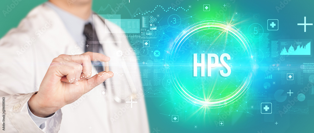 Close-up of a doctor giving you a pill with HPS abbreviation, virology concept Close-up of a doctor giving you a pill with HPS abbreviation, virology concept