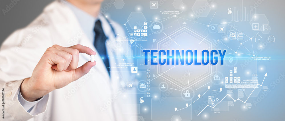 Doctor giving a pill with TECHNOLOGY inscription, new technology solution concept Doctor giving a pill with TECHNOLOGY inscription, new technology solution concept