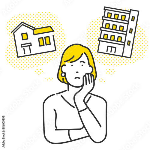 マイホームについて、一戸建てとマンションで悩む女性のイラスト