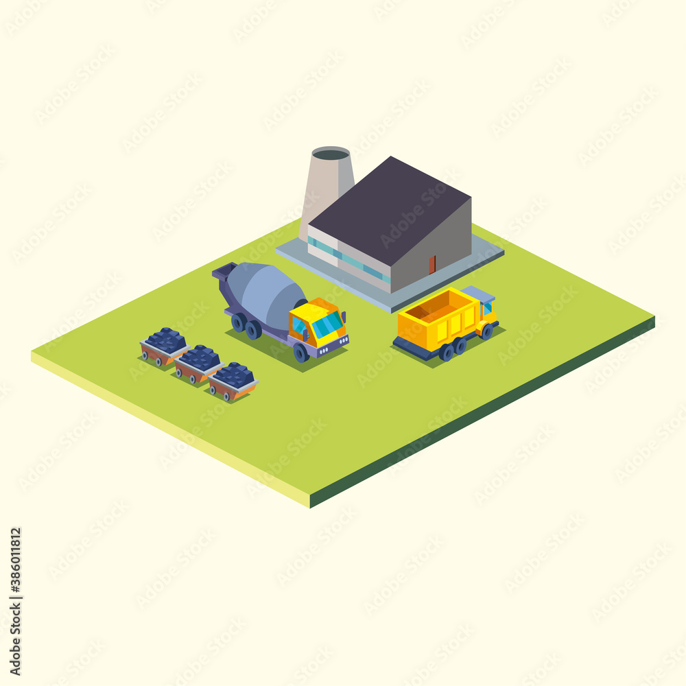 construction dump truck concrete mixer and factory isometric style icon vector design construction dump truck concrete mixer and factory isometric style icon vector design