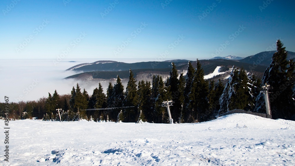 Winter in Pustevny and Radhost in the Beskydy Mountains in Moravia in the Czech Republic.