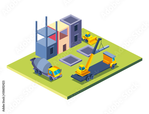 construction concrete mixer and factory isometric style icon vector design