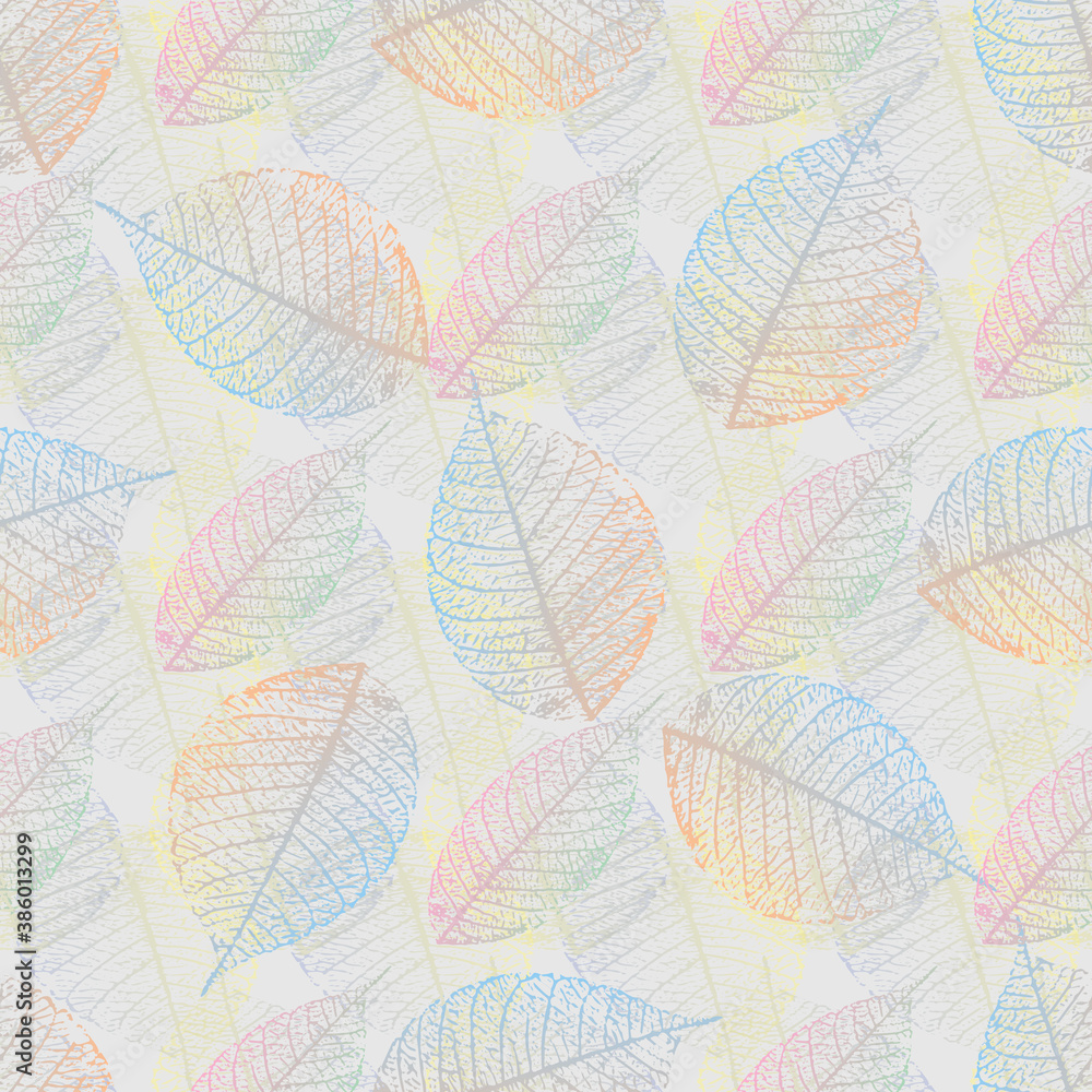 stylized multicolored skeletonized leaf seamless pattern. Vector,