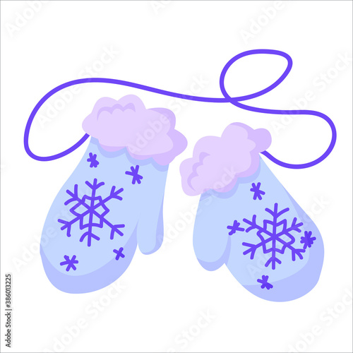 Knitted baby mittens in pastel color with snowflakes, warm winter clothes drawn in cartoon style, knitted clothes, mittens vector illustration isolated on a white background