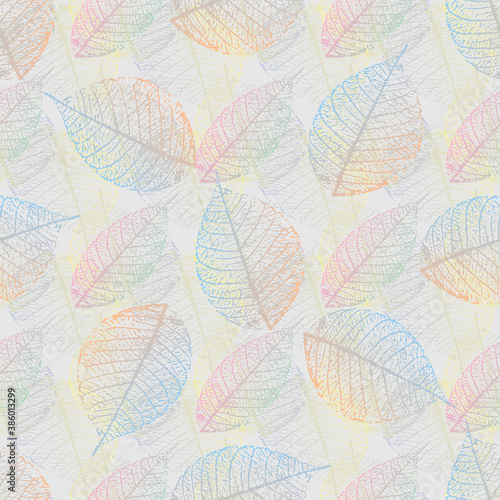 stylized multicolored skeletonized leaf seamless pattern. Vector 