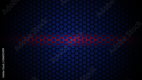 Vector hexagonal background in dark blue color with a luminous horizontal red line in the center. Hexagonal cells