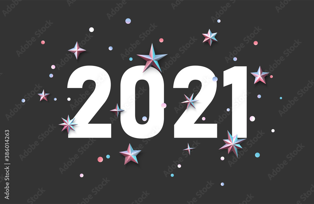 2021 white sign with metallic stars on black background.