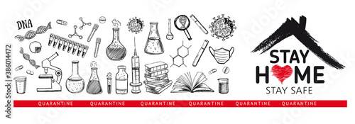Stay home stay safe doodle illustration. Quarantine. Pandemic coronavirus. Coronavirus, dna, blood test. Laboratory research vector hand drawn icons set.