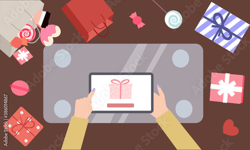 Man orders gifts online, vector graphics