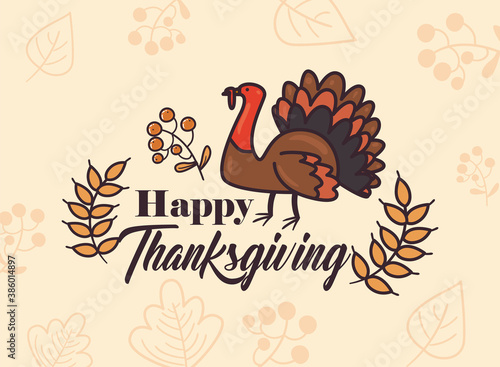 happy thanksgiving day turkey with leaves line and fill style icon vector design