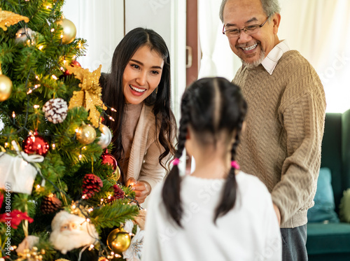 Multigenerational Family decorating a Christmas tree for season greeting.