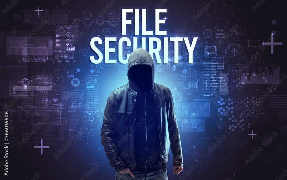 Faceless man with FILE SECURITY inscription, online security concept