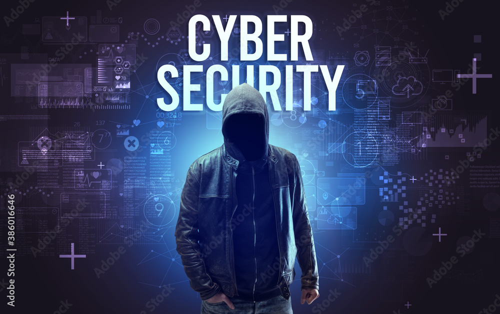 Faceless man with CYBER SECURITY inscription, online security concept Faceless man with CYBER SECURITY inscription, online security concept