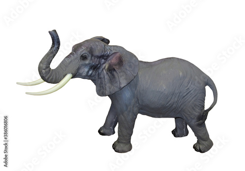 There is a gray elephant model toy. White background. Isolated.