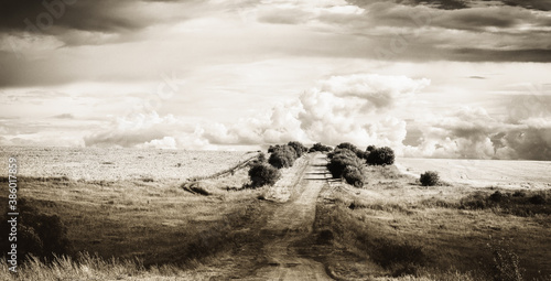 Monochrome landscape with rural road made with sepia filter in retro style photography.