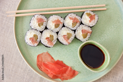 Fresh sushi rolls on a plate