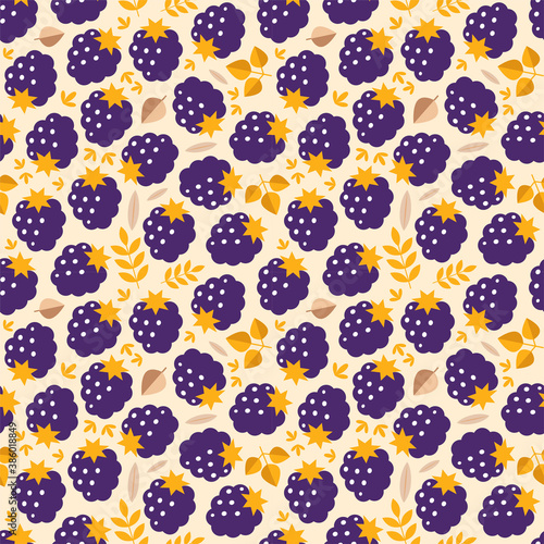 Autumn blackberry pattern. Forest background with blackberries and autumn plants on a light brown background. Vector 8 EPS.