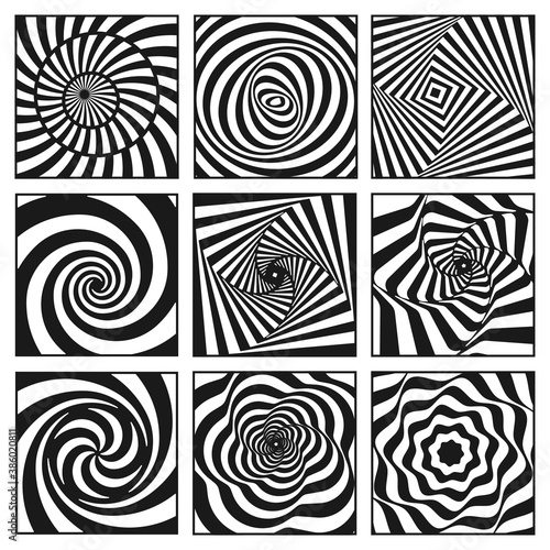 Hypnotic spiral, helix striped set. Optical illusions. Swirl, curve, vortex, twirl, volume, whirlpool.