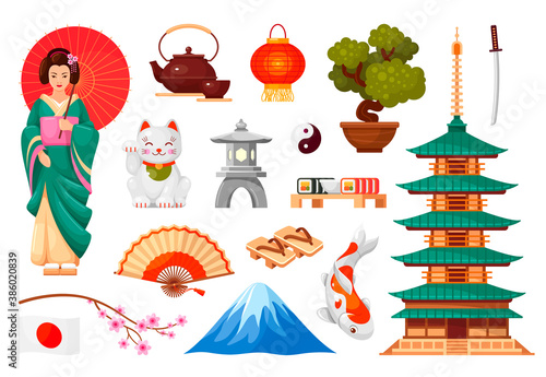 Japanese cultural symbols set. Woman in kimono with umbrella, temple, flag, sakura, lantern.