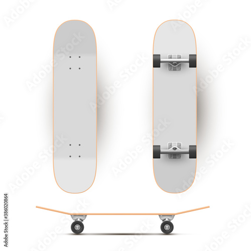 Skateboard realistic blank templates set. Longboard mock ups. Urban teen extreme sport equipment.