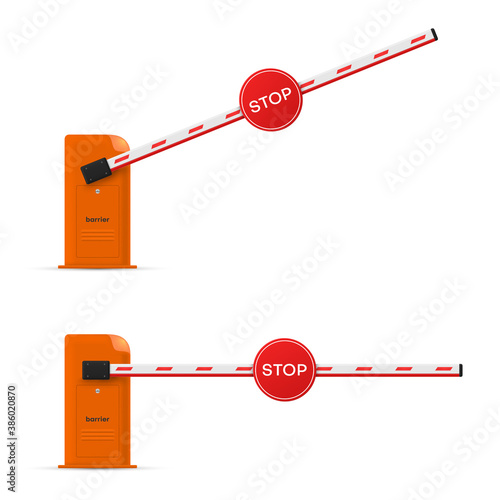 Car barrier with stop traffic sign realistic set. Passage prohibited or permitted.