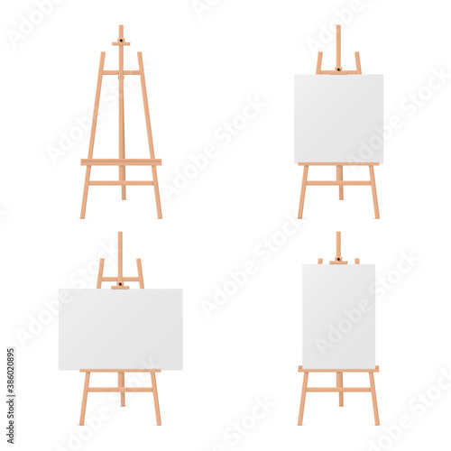 Easels drawing realistic mock ups set. Adjustable wood tripod stand for artist.