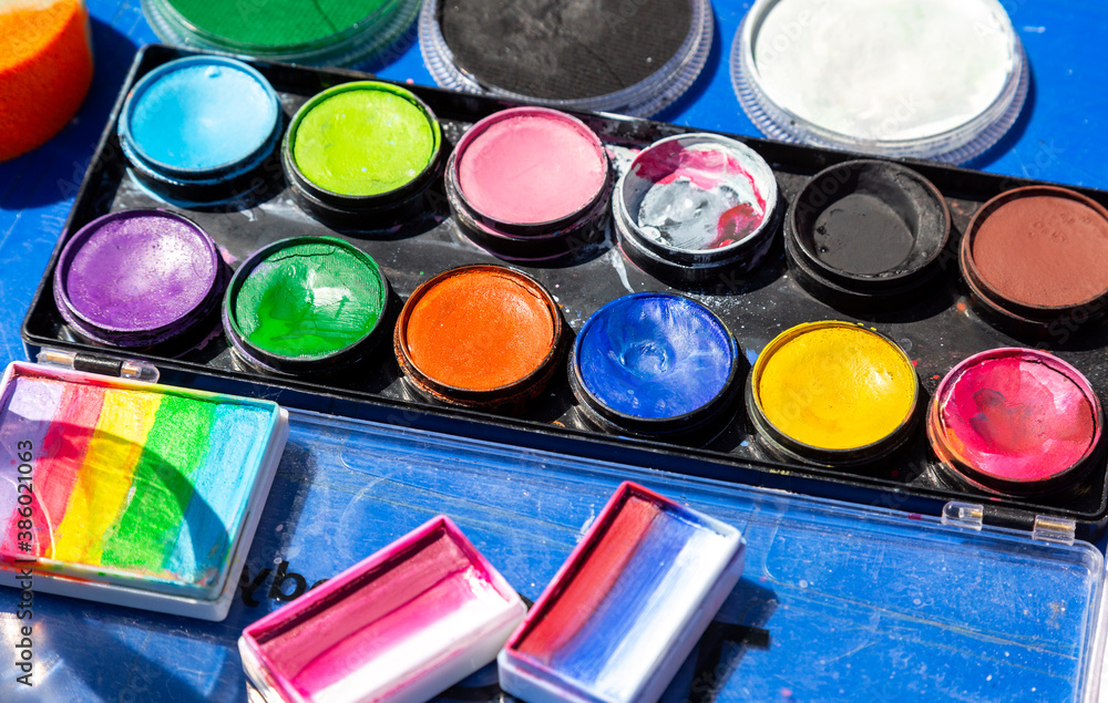 Fototapeta premium Different used colorful watercolor paint for drawing