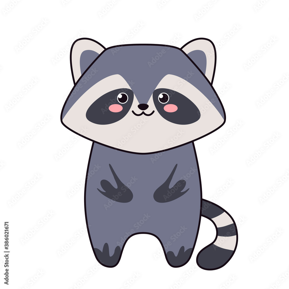 Cute little raccoon isolated on white background. Flat design for poster or t-shirt. Vector illustration