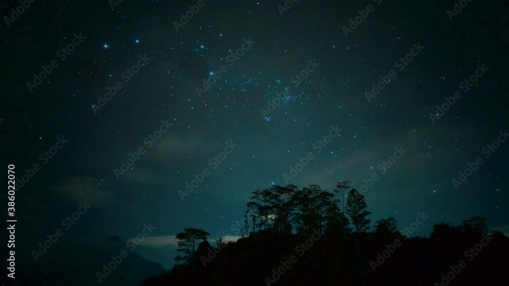 Timelapse of night starry sky in the forest. Milky way is visible between trees. Clouds are passing fast. Shining stars moving on the right. Blue color. Polar lights. Timelapse of night starry sky in the forest. Milky way is visible between trees. Clouds are passing fast. Shining stars moving on the right. Blue color. Polar lights.