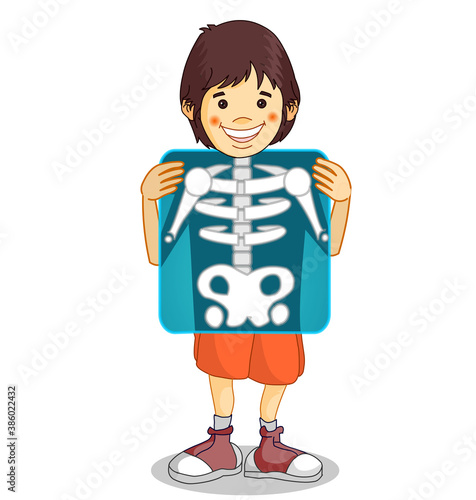 X-ray, Roentgen. Röntgen film. Xray shows the breast, ribs, spine, and pelvis bones. Cartoon body x ray of child boy character. Medical educational drawing.  Biology, radiology illustration Vector