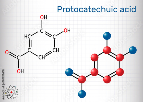Protocatechuic acid, PCA molecule. It is 3,4-dihydroxybenzoic, phenolic acid, metabolite of antioxidant polyphenols, catechol, is found in green tea. Sheet of paper in a cage