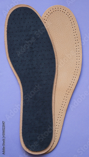 Leather breathable insoles for shoes. Top view.