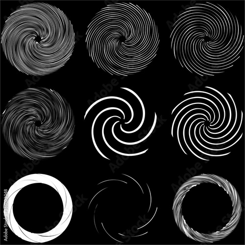 Circular Spiral, swirl, twirl design element. Concentric, radial and radiating burst of lines with rotation, gyre and curved distortion