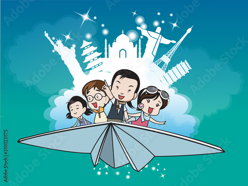 Boys and girls Sitting on a paper plane They're fun to travel. Illustration on tour business - vector illustration