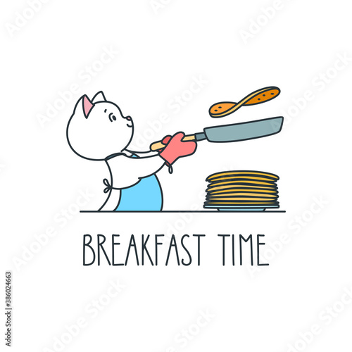 Breakfast time. Illustration of a cute white cat wearing apron and cooking pancakes on a frying pan isolated on white background. Vector 8 EPS.