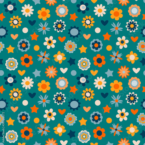 Cute floral design for kids, vector. Colorful seamless pattern with flowers, hearts, stars