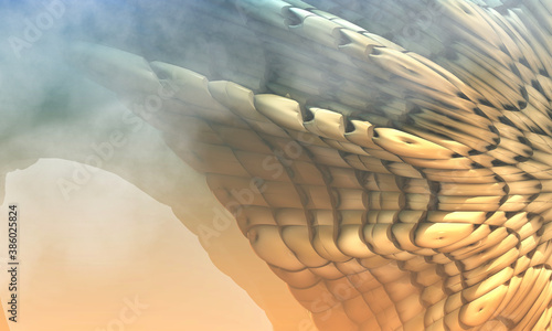 3d image, wing-like fractal, shield of fantastic dragon in the clouds, wallpaper with place for text