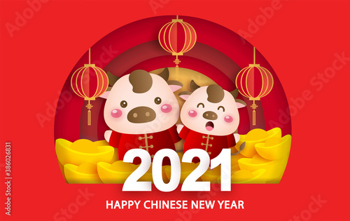 Chinese new year 2021 , year of the ox greeting card with a cute ox stading in a gold .