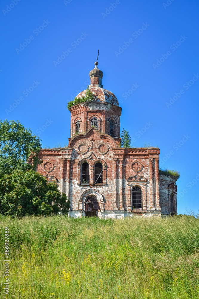 Old brick abandoned orthodox Church of the Trinity Church. abandoned Trinity Church in the village of Zasechnoye. abandoned red brick church in the thicket, abandoned temple in the field Old brick abandoned orthodox Church of the Trinity Church. abandoned Trinity Church in the village of Zasechnoye. abandoned red brick church in the thicket, abandoned temple in the field