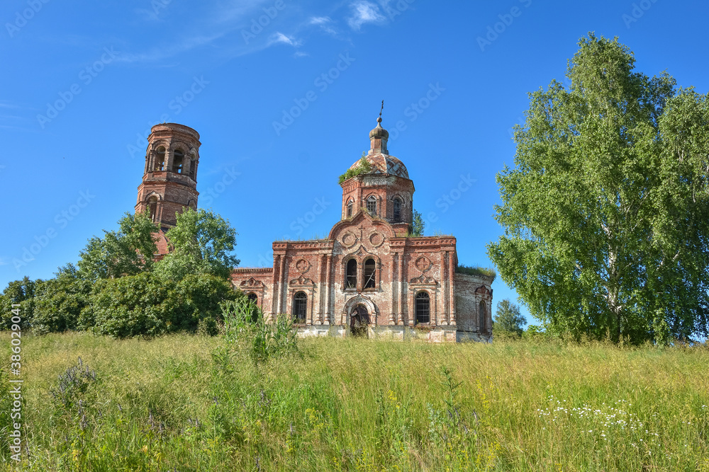 Old brick abandoned orthodox Church of the Trinity Church. abandoned Trinity Church in the village of Zasechnoye. abandoned red brick church in the thicket, abandoned temple in the field Old brick abandoned orthodox Church of the Trinity Church. abandoned Trinity Church in the village of Zasechnoye. abandoned red brick church in the thicket, abandoned temple in the field