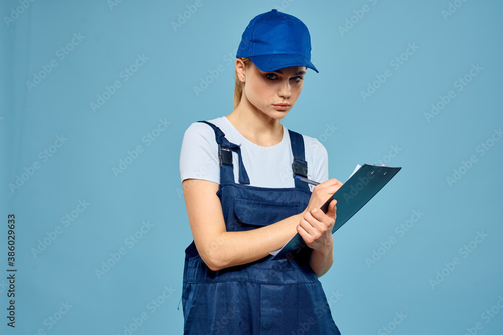Woman in working form paperwork rendering services career office blue background Woman in working form paperwork rendering services career office blue background