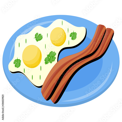 
Fried eggs with basil garnishing and grilled bacons in a plate 
