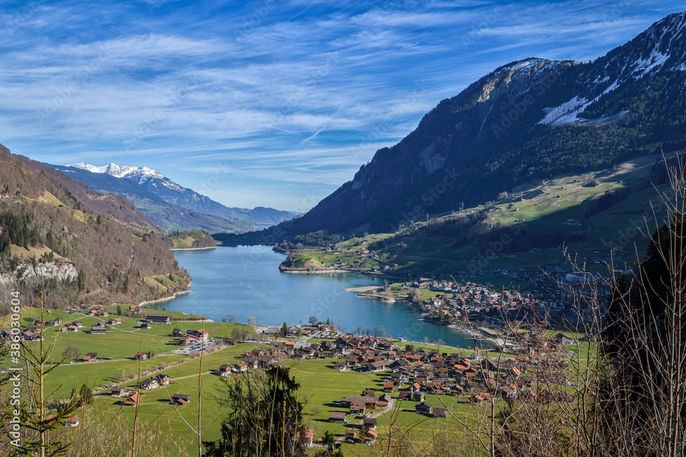 View on Lungernersee lake from view point above Lungern in Switzerland