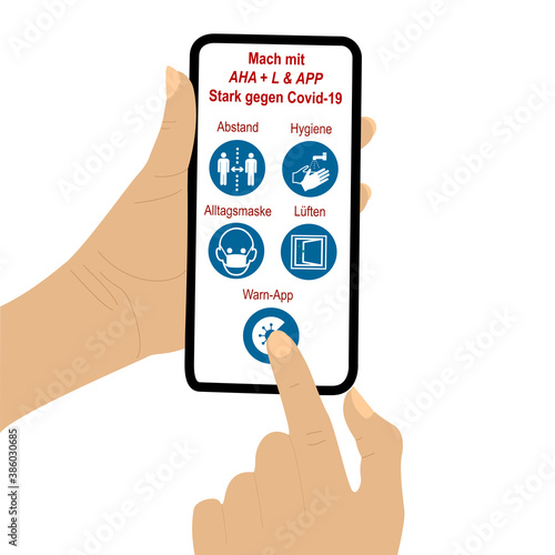 Hand hält Handy mit AHA + L & APP Regel. Dabei drückt der Finger einer zweiten Hand auf ein Symbol