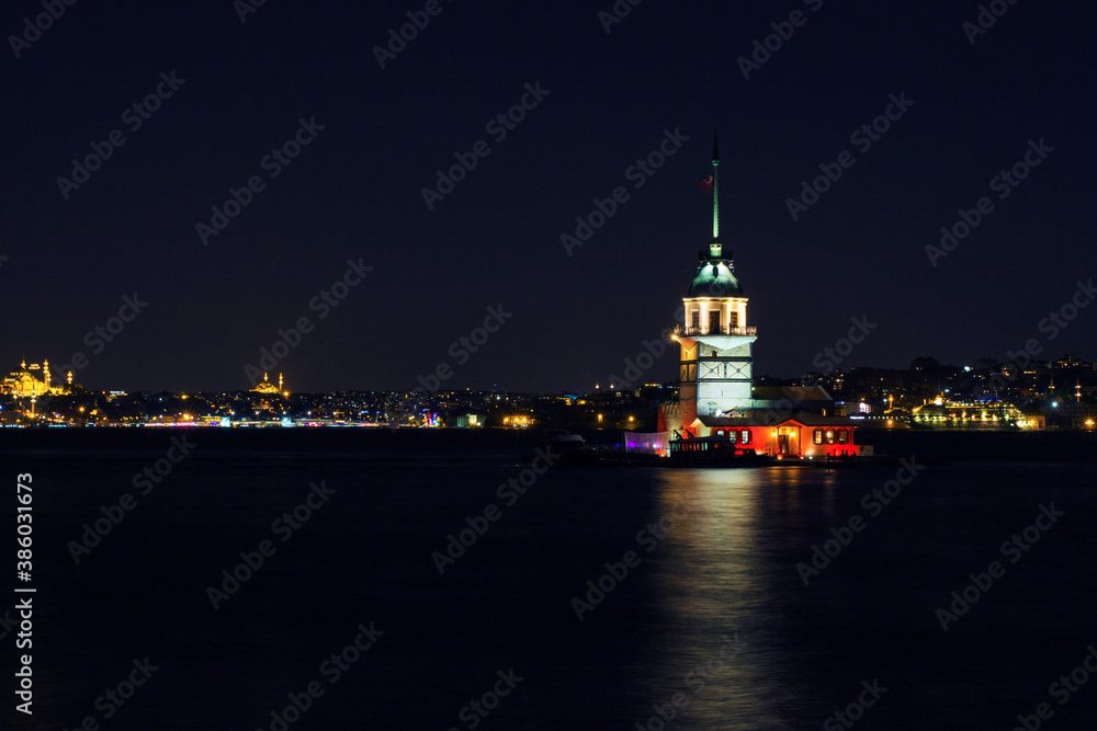 Great shot at night of Maidens Tower in Istanbul Bosphorus in Turkey.