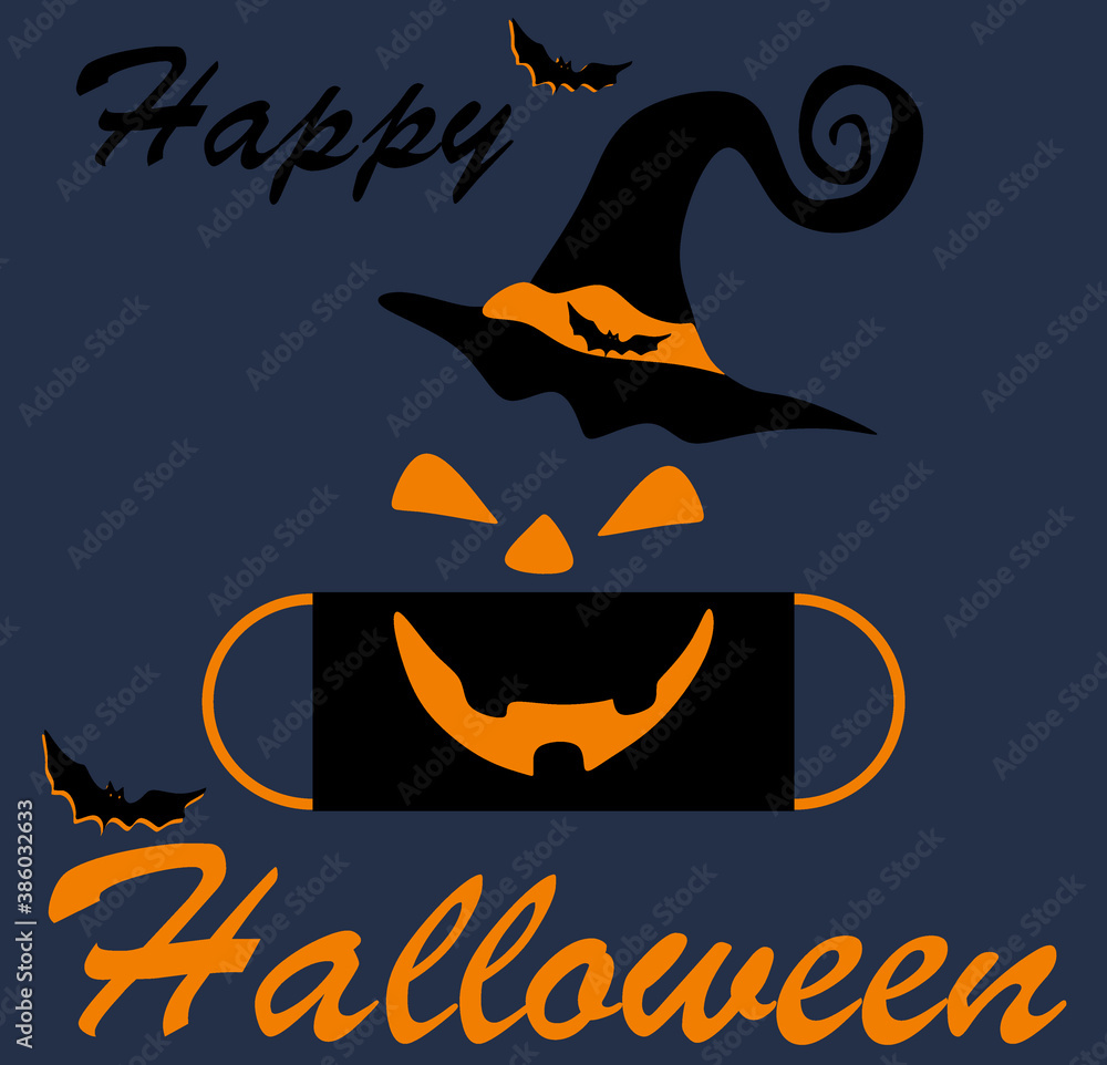 Black protective mask with an orange mouth and orange eyes and a hat on an Indigo background.Happy Halloween lettering on Indigo background. The concept of Halloween and covid-19.